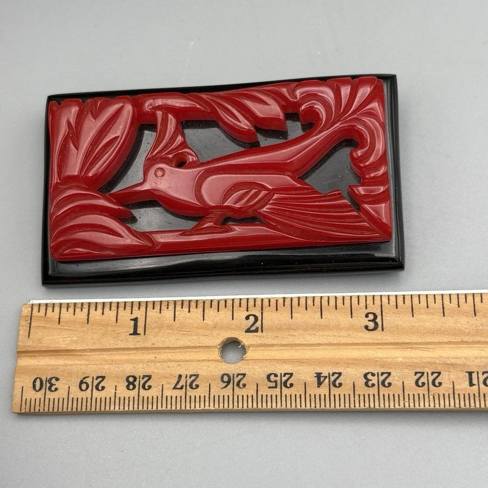 Vintage Carved Red Bakelite Brooch Bird Red Black Laminated Chunky Gorgeous!